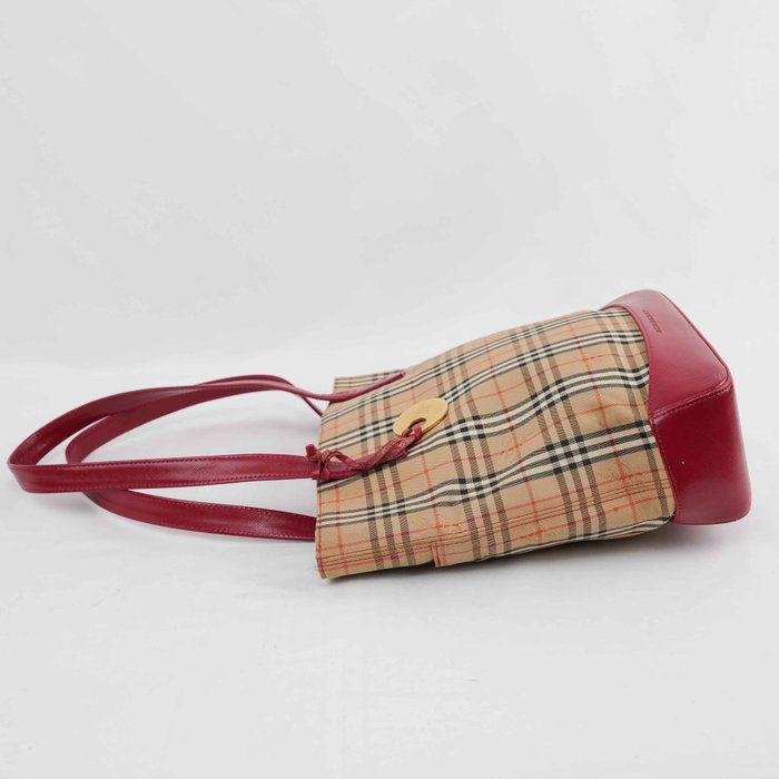 Burberry - Nova Check Canvas Red Leather Tote Bag Gold-Tone Hardware - Handbag - Image 3