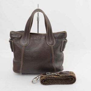 Tod's - Brown Pebbled Genuine Leather Handbag with Detachable Woven Shoulder Strap - Handbag