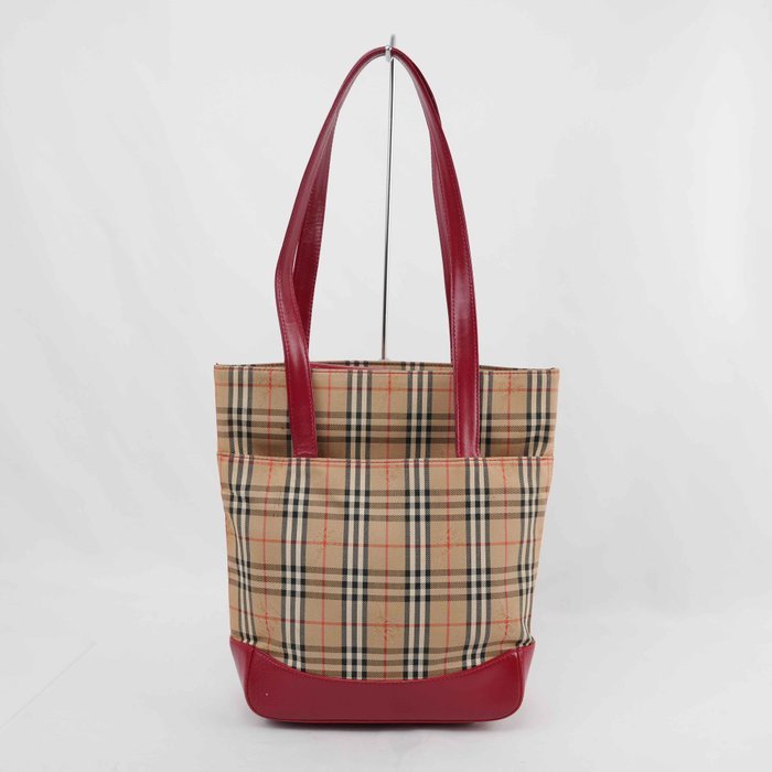 Burberry - Nova Check Canvas Red Leather Tote Bag Gold-Tone Hardware - Handbag - Image 4