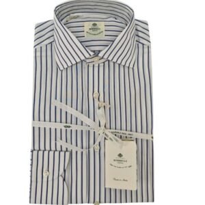 LUIGI BORRELLI NAPOLI - Size 14.5 - 37 (S) - Shirt Blue Striped - 8 Hand Finished Steps - Slim Fit - Shirt - New with tags