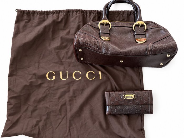 Gucci - Gucci Dark Brown Genuine Leather Handbag 181508 & Wallet - Handbag