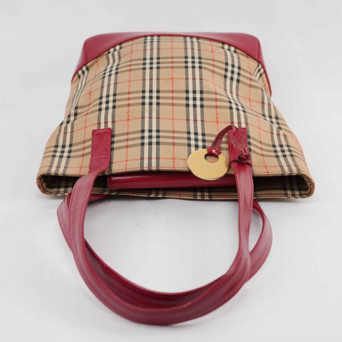 Burberry - Nova Check Canvas Red Leather Tote Bag Gold-Tone Hardware - Handbag - Image 6
