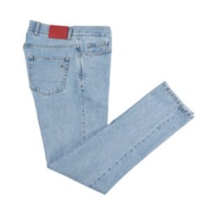 ISAIA NAPOLI - 52 IT - Light Blue Denim Jeans Pant Cotton - Leather Tag Straight Leg - Trousers - New with tags