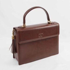 Valentino - Valentino Garavani Vintage Brown Textured Leather Top Handle Handbag with Gold-Tone Hardware - Handbag