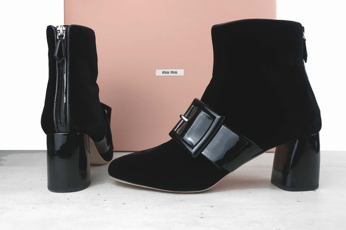 MIU MIU - Black Velvet/Patent Buckle Ankle Booties - Ankle boots - Size: EU 39.5