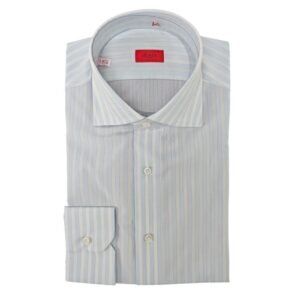 ISAIA - 16 - 41 - "Mix" Dress Shirt Light Blue / White Striped Fine Cotton - Shirt - New with tags