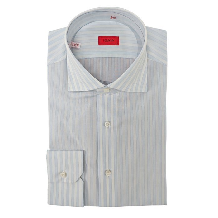 ISAIA - 16 - 41 - "Mix" Dress Shirt Light Blue / White Striped Fine Cotton - Shirt - New with tags