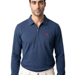 ISAIA NAPOLI - Size M - Jaquard Soft Cotton Silk Zip Polo Blue - Polo shirt - New with tags