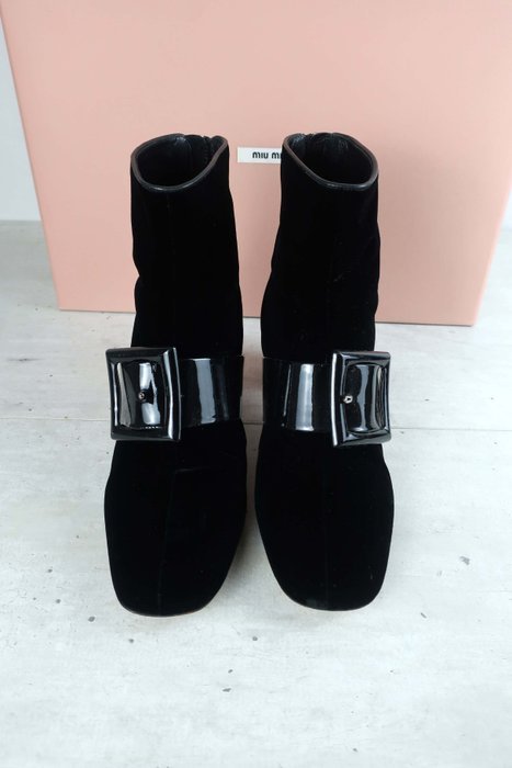 MIU MIU - Black Velvet/Patent Buckle Ankle Booties - Ankle boots - Size: EU 39.5 - Image 7