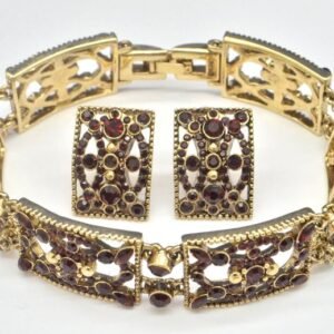 Monet - Vintage Garnet Red Crystal 22kt Gold Plated Earrings & - Bracelet