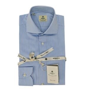 LUIGI BORRELLI NAPOLI - Size 14.5 - 37 (S) - Shirt Blue Striped - 8 Hand Finished Steps - Regular - Shirt - New with tags