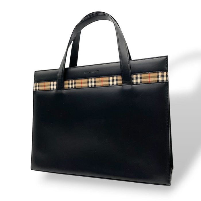 Burberry - Burberry Nova Check Stripe Leather Business Tote Bag - Handbag
