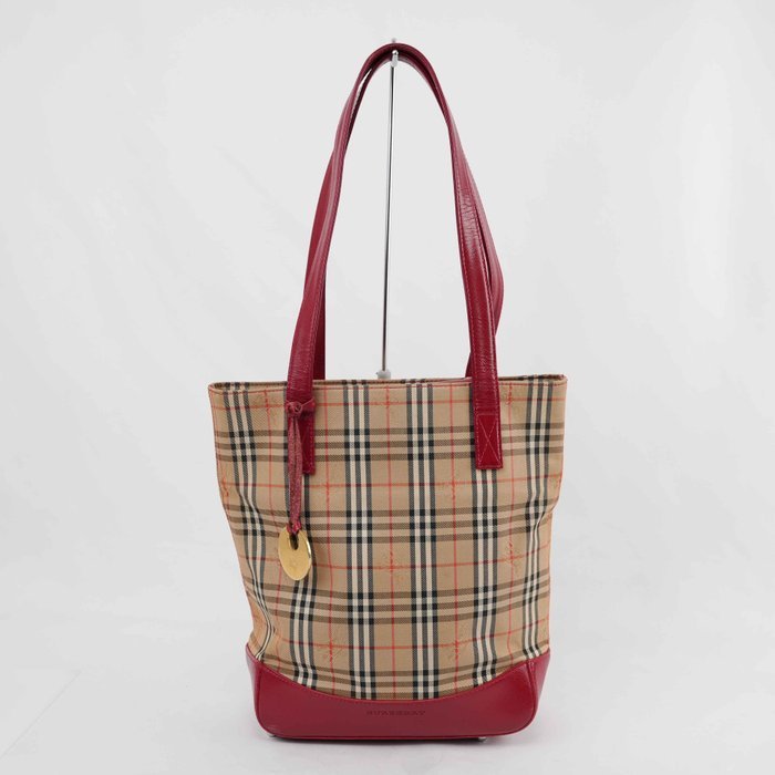 Burberry - Nova Check Canvas Red Leather Tote Bag Gold-Tone Hardware - Handbag