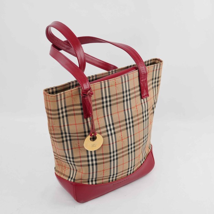 Burberry - Nova Check Canvas Red Leather Tote Bag Gold-Tone Hardware - Handbag - Image 2
