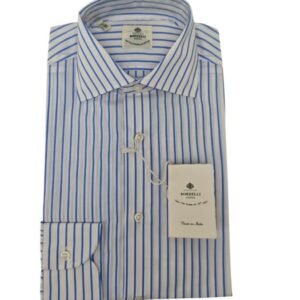 LUIGI BORRELLI NAPOLI - Size 14.5 - 37 (S) - Shirt Blue Striped - 8 Hand Finished Steps - Slim - Shirt - New with tags