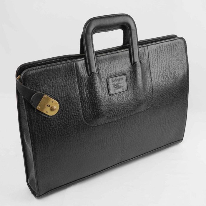 Burberrys - Vintage Black Grained Leather Briefcase Business Bag Gold-Tone Hardware - Handbag - Image 2