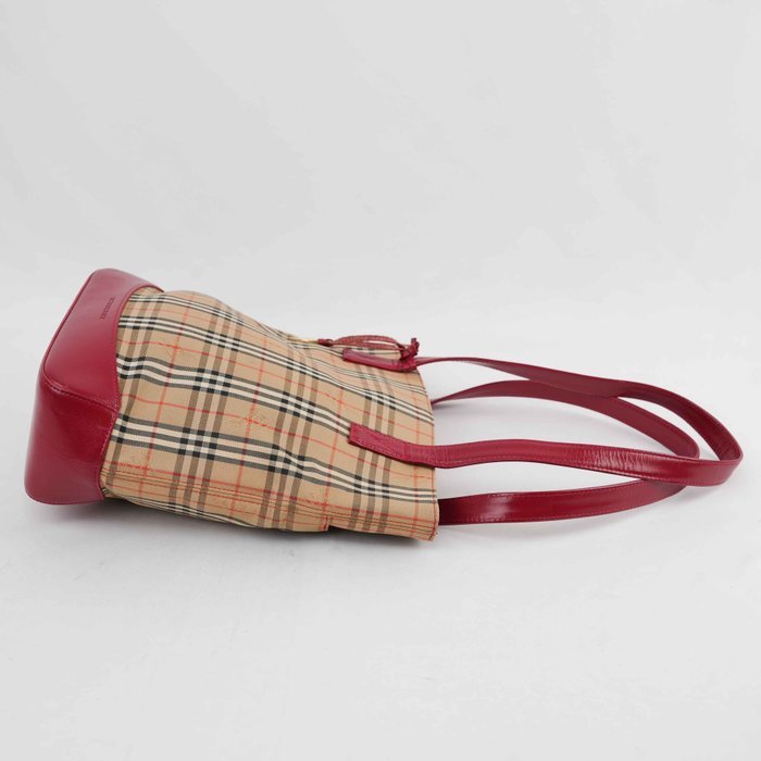 Burberry - Nova Check Canvas Red Leather Tote Bag Gold-Tone Hardware - Handbag - Image 5