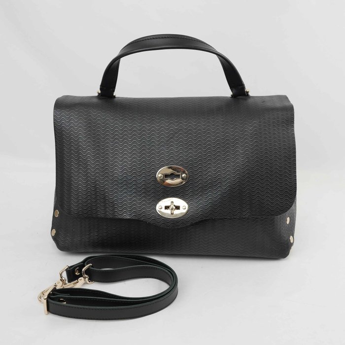 Zanellato - Postina Black Wave Embossed Leather Handbag Shoulder Bag Gold-Tone Hardware Made in Italy - Handbag
