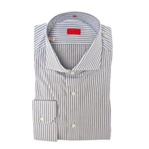 ISAIA NAPOLI - 17.5 - 44 - "Mix" White / Blue Striped Dress Shirt Seersucker Cotton - Shirt - New with tags