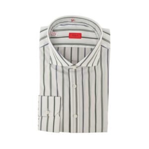 ISAIA NAPOLI - 17.5 - 44 - "Mix" White Striped Dress Shirt Hand-Sewn Fine Cotton - Shirt - New with tags