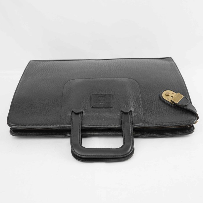 Burberrys - Vintage Black Grained Leather Briefcase Business Bag Gold-Tone Hardware - Handbag - Image 6
