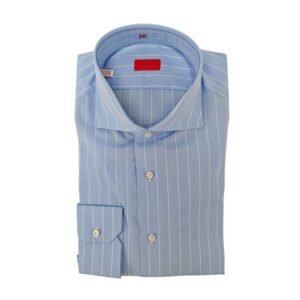 ISAIA NAPOLI - 17.5 - 44 - "Mix" Sky Blue Striped Dress Shirt Hand-Sewn Fine Cotton - Shirt - New with tags