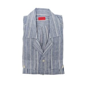 ISAIA NAPOLI - 16 - 41 - Blue Casual Shirt Camp Collar Short Sleeve 100% Linen - Shirt - New with tags